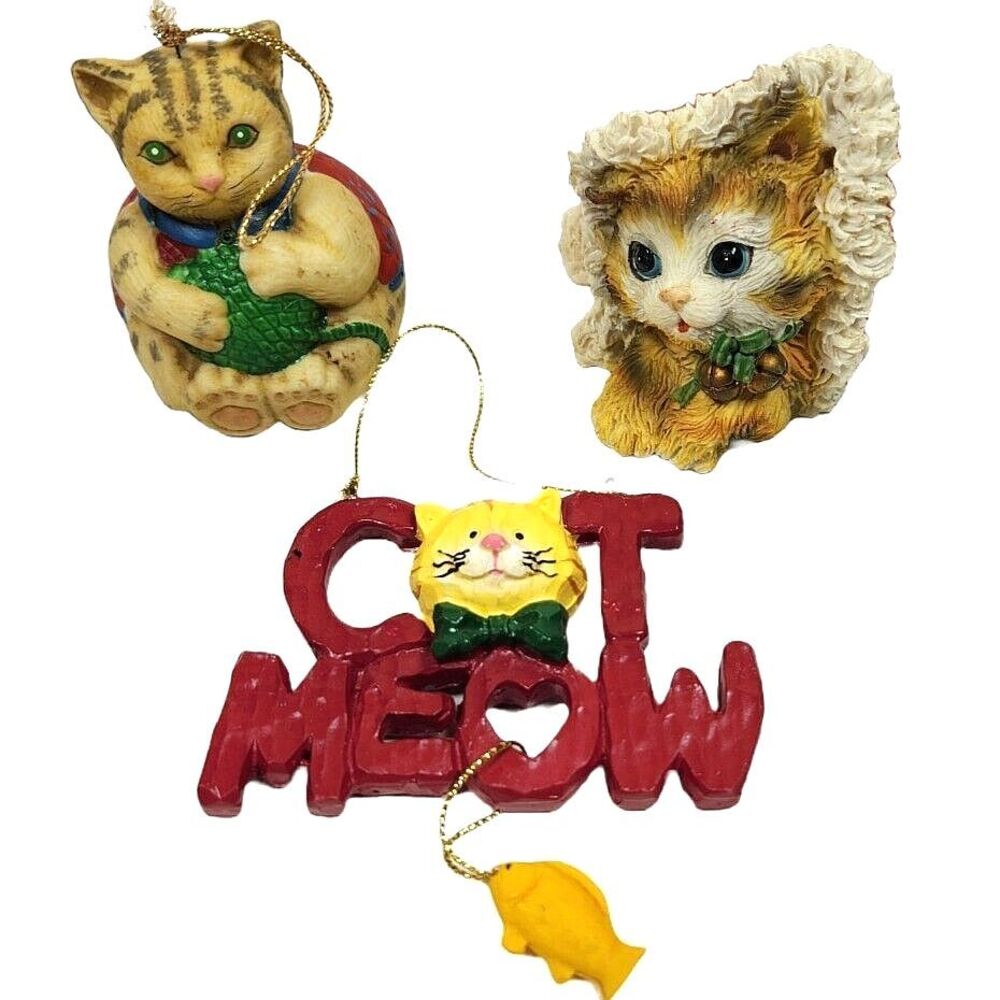 Cat Christmas Tree Ornament Lot X 3 Hanging & Tabletop Ceramic Resin Kittens